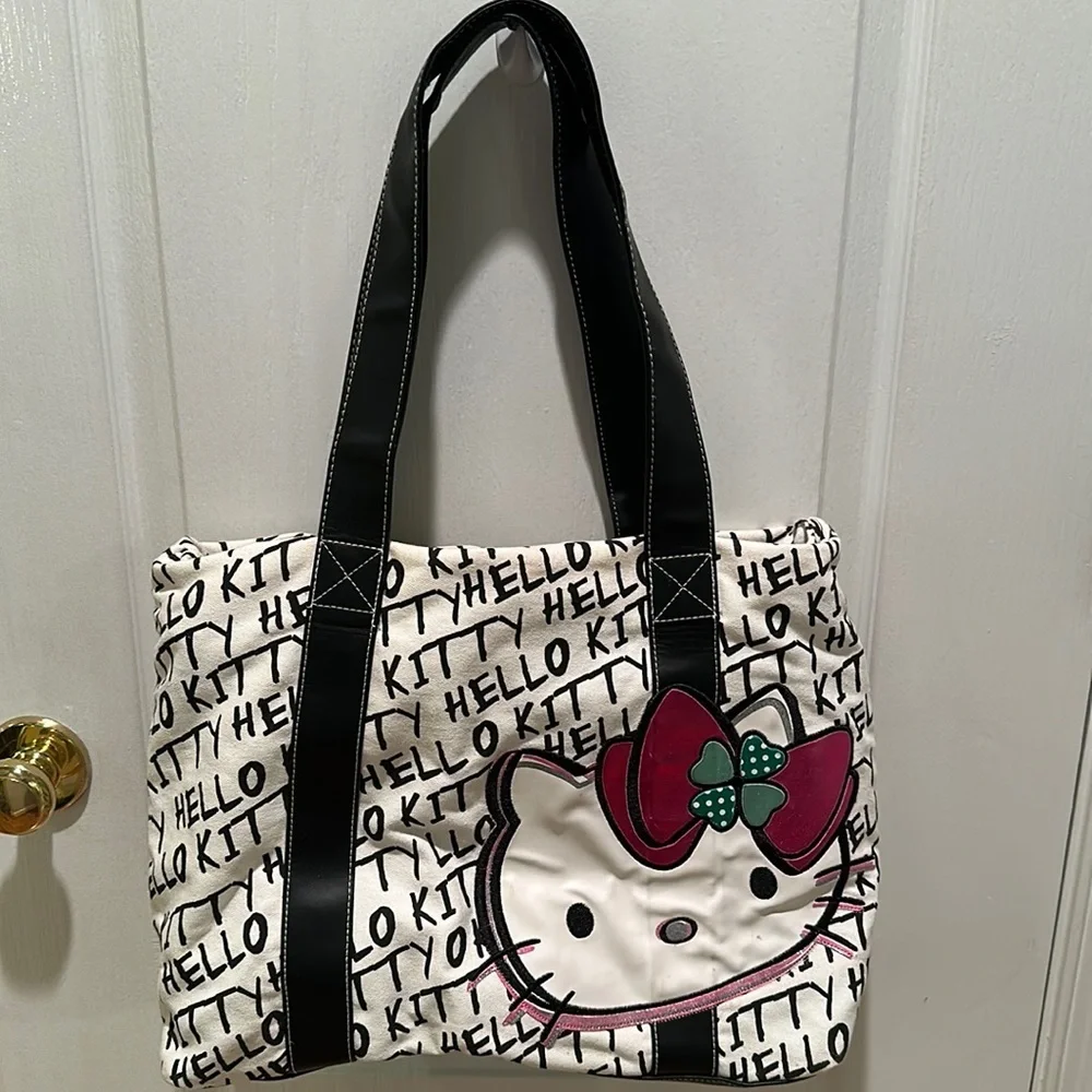 Hello Kitty Sanrio White Black Fabric Overnight Tote Bag Purse 4 Leaf Clover HTF